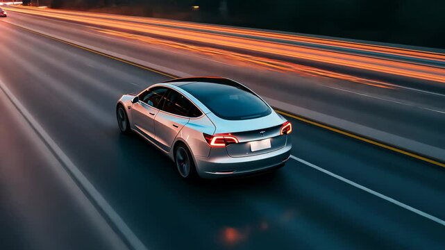 A white car drives down a street at night, illuminated by the city lights, An electric car traveling on a highway