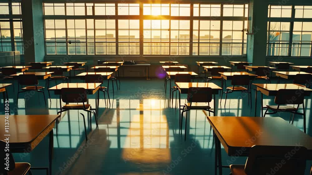 Poster an unoccupied classroom featuring rows of desks and large windows, an empty classroom at sunset, wit