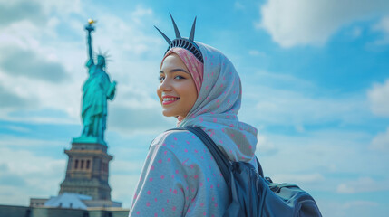 Indonesian woman wearing hoodie traveling to New York's Statue of Liberty
