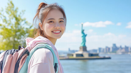 Japanese woman wearing hoodie traveling to New York's Statue of Liberty