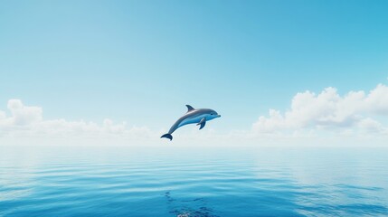 Dolphin leaps from calm blue sea under bright sky.