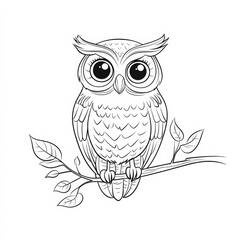 Fototapeta premium Wise Owl on Branch: A charming, hand-drawn illustration of a wise owl perched on a branch, surrounded by leaves, perfect for children's books, educational materials, and nature-themed designs. 