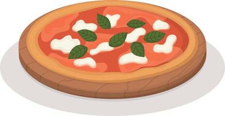 Italian traditional dish pizza margherita on a wooden board. Flat illustration with appetizing national food
