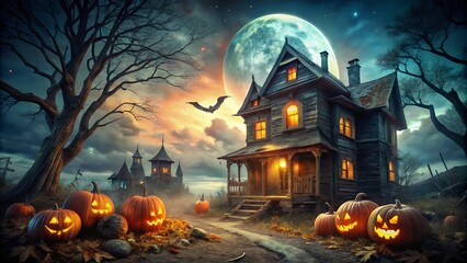 Eerie Halloween Haunted House Jack-o'-Lantern Night Photography