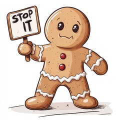 sad gingerbread man holding a sign saying stop it on white background. anti christmas
concept