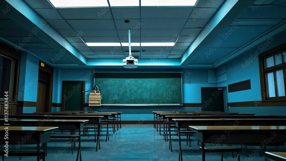 Poster A vacant classroom showing rows of desks and a large projector screen at the front, An empty, eerie classroom sparsely lit by a single overhead light