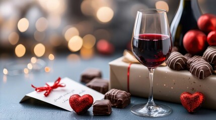 Elegant holiday setting with a glass of red wine chocolate truffles gift box and festive on a cozy table  Romantic mood for a special occasion or date night