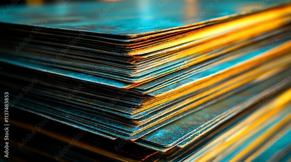 Poster stack of rusty metal sheets with golden light.