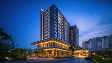 Modern hotel building illuminated at dusk, showcasing contemporary architecture and design.