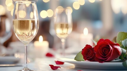 A lavish and romantic dining table setting featuring a bouquet of lush red roses alongside two crystal champagne flutes filled with sparkling wine  The table is adorned with flickering candles