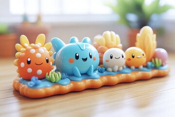 Obraz premium Cute Cartoon Sea Creatures Toy on Wooden Table