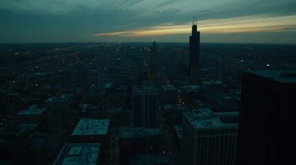 Fototapeta premium A twilight cityscape showcasing urban buildings and a distant skyline under a moody sky.