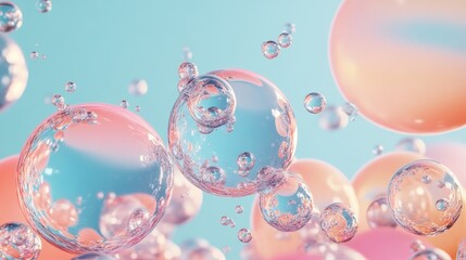 Abstract pastel spheres, bubbles, and liquid,  colorful, transparent,  soft,  dynamic,  modern,  3d.