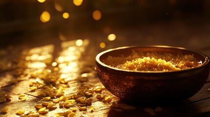 Golden bowl of food with scattered grains on table, soft bokeh light.
