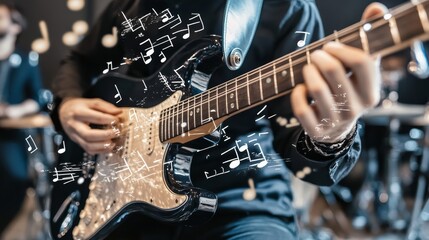 Obraz premium A close-up of a guitarist playing an electric guitar with musical notes in the background.