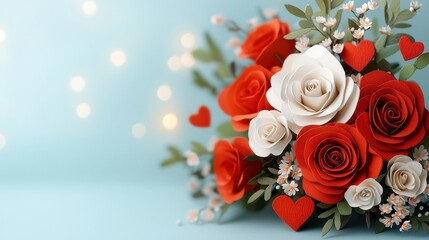 Vibrant red roses and white flowers arranged in a beautiful bouquet with red heart on a blurred pastel colored background  Romantic floral arrangement for Valentine s Day wedding