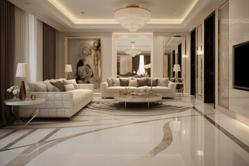 Interior design of minimalist living room and spacious luxurious floor with premium patterns, modern tiles, and an open hall with minimal furniture, showcasing an elegant and contemporary aesthetic
