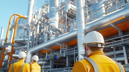 Industrial safety procedures workers in protective gear at a manufacturing facility industrial environment teamwork concept