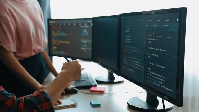 Slow motion back end software developer engineer for computer programming working together on debugging writing computing code, solving complex algorithms display on monitor in office. Burgeoning