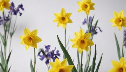 Obraz premium Yellow daffodils and purple irises on a plain white surface, garden scenery, fresh cut flowers, iris blooms