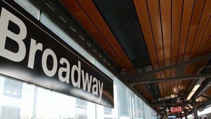 New York subway station Broadway text sign. Metropolitan platform, United States public metro...