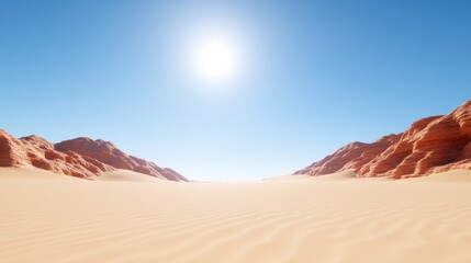 Naklejka premium Vast desert landscape under a clear blue sky with bright sun.