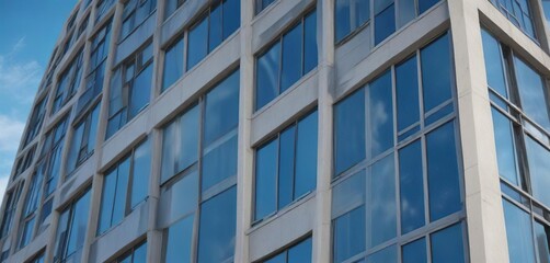 Close-up view of office building windows against blue sky, architecture, close-up, business