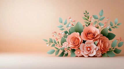 Elegant floral bouquet with pink roses delicate blossoms and lush greenery arranged beautifully on a soft peach colored background  Romantic feminine and visually striking design for wedding