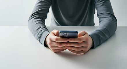 A person using a smartphone while sitting at a desk, focusing on the device. The scene is minimalistic with a clean white background, emphasizing technology and communication trends in 2025