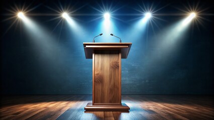 Empty Podium, Dimly Lit Stage, Press Conference, Product Photography Background, Stage Lighting, Conference Room, Event Photography, Dark Stage, Presentation Podium