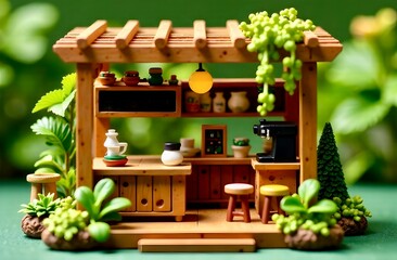 The 3d miniature shop is a wooden frame with a gazebo, surrounded by lush greenery and plants, creating a charming and inviting atmosphere. 