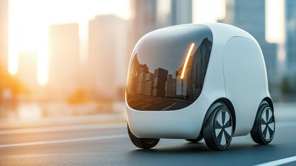 Obraz premium Futuristic autonomous vehicle on a city street at sunset.
