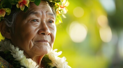 Elderly asian woman in floral lei and hawaiian headpiece in sunlit garden