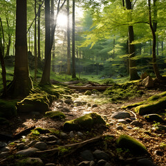 Sunlight's Soft Glow in Dense, Green Forest: A Testament to Nature's Serenity and Beauty
