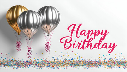 A vector illustration of a happy birthday horizontal banner featuring 3D realistic golden and silver air balloons on a white background, adorned with sparkling glitter confetti and celebratory text.