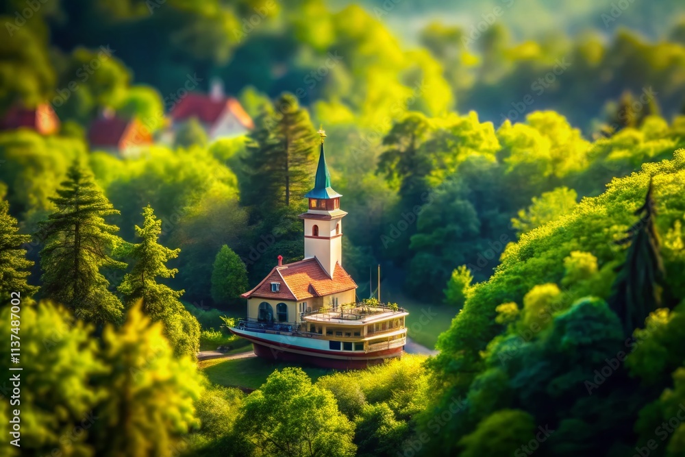 Poster enchanted ship in the forest with tower – a tilt-shift perspective capturing the magic of nature and