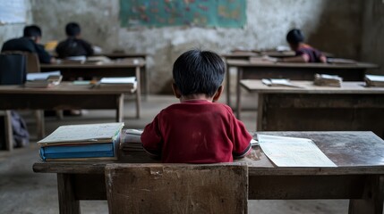 Student learning in an abandoned classroom rural area photography educational environment rear view social issues