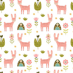  Seamless colorful charcoal pattern with cute lamaa flowers, and plants in childrens style