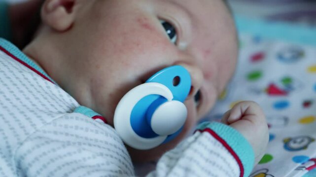 A small caucasian child sucks on a bare pacifier, the focus shifts from the pacifier to a small hand with a fist, close-up