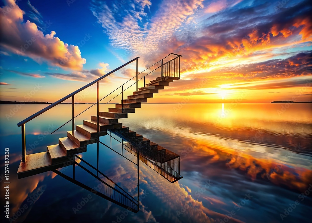 Poster enchanting double exposure: stairway leading into water at sunset – a serene fusion of nature and ar