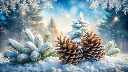 Enchanting Double Exposure of Snow-Covered Pine Cones in a Winter Wonderland, Capturing the Magical Essence of Seasonal Beauty in a Close-Up Scene