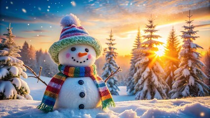 Obraz premium Enchanting Double Exposure Photography of a Snowman with Hat and Scarf Surrounded by Morning Light and Frosty Landscapes, Capturing the Magic of Winter Mornings