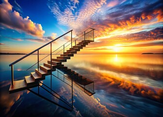 Fototapeta premium Enchanting Double Exposure: Stairway Leading into Water at Sunset – A Serene Fusion of Nature and Architecture Capturing the Magic of Twilight and Reflection