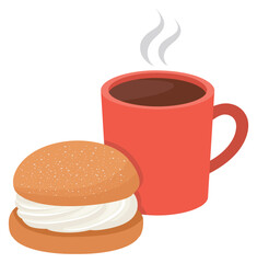 Cup of coffee or tea and semla (swedish whipped cream bun). Isolated vector illustration of sweet pastry.