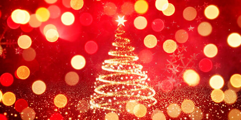 A festive red Christmas scene with ornaments, lights, and seasonal decorations