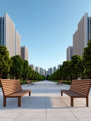 Fototapeta premium A serene urban scene featuring wooden benches lined along a pathway, flanked by tall buildings and lush greenery under a clear blue sky.