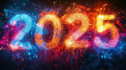 2025' text formed with vibrant fireworks in the night sky, celebrating the new year. A festive and colorful concept symbolizing joy and hope