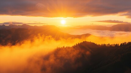 Fototapeta premium Sunrise over misty mountains nature landscape scenic viewpoint tranquil environment serene concept