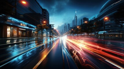 Obraz premium Highway with light trails on the street and buildings in the background