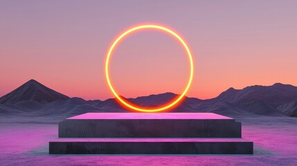 Surreal glowing circle against a colorful mountain backdrop.